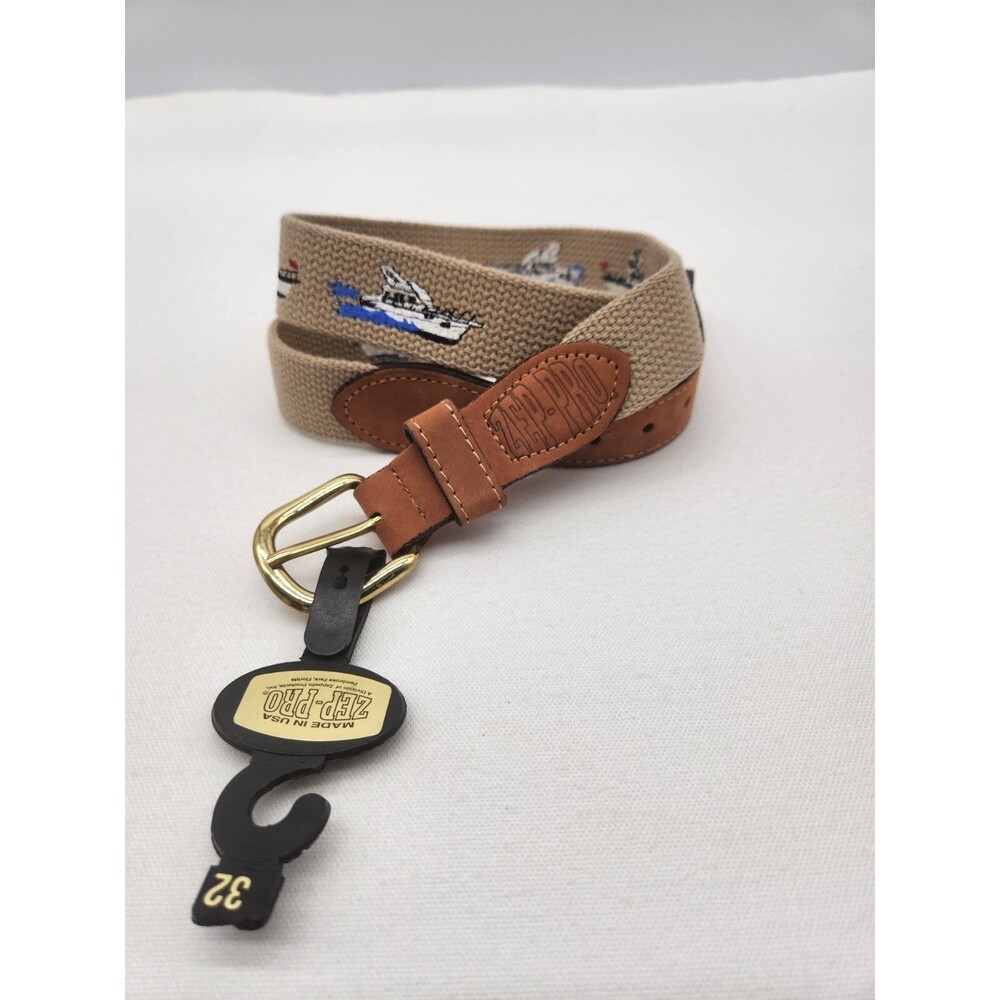 Zep Pro Size 32 Belt Canvas Leather Fishing Boat Nautical Tan Brown Multicolor